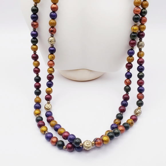 Double Strand Multi Color Beaded Necklace with Silver Floral Bead Accents - Picture 7 of 8